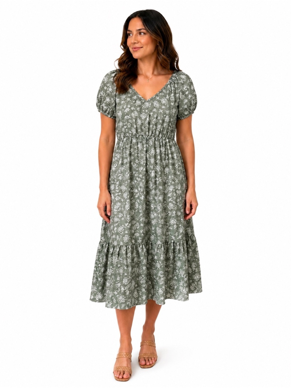 Mossimo Supply Co. Sage Green Floral V-Neck Smocked Midi Dress - Picture 1 of 3